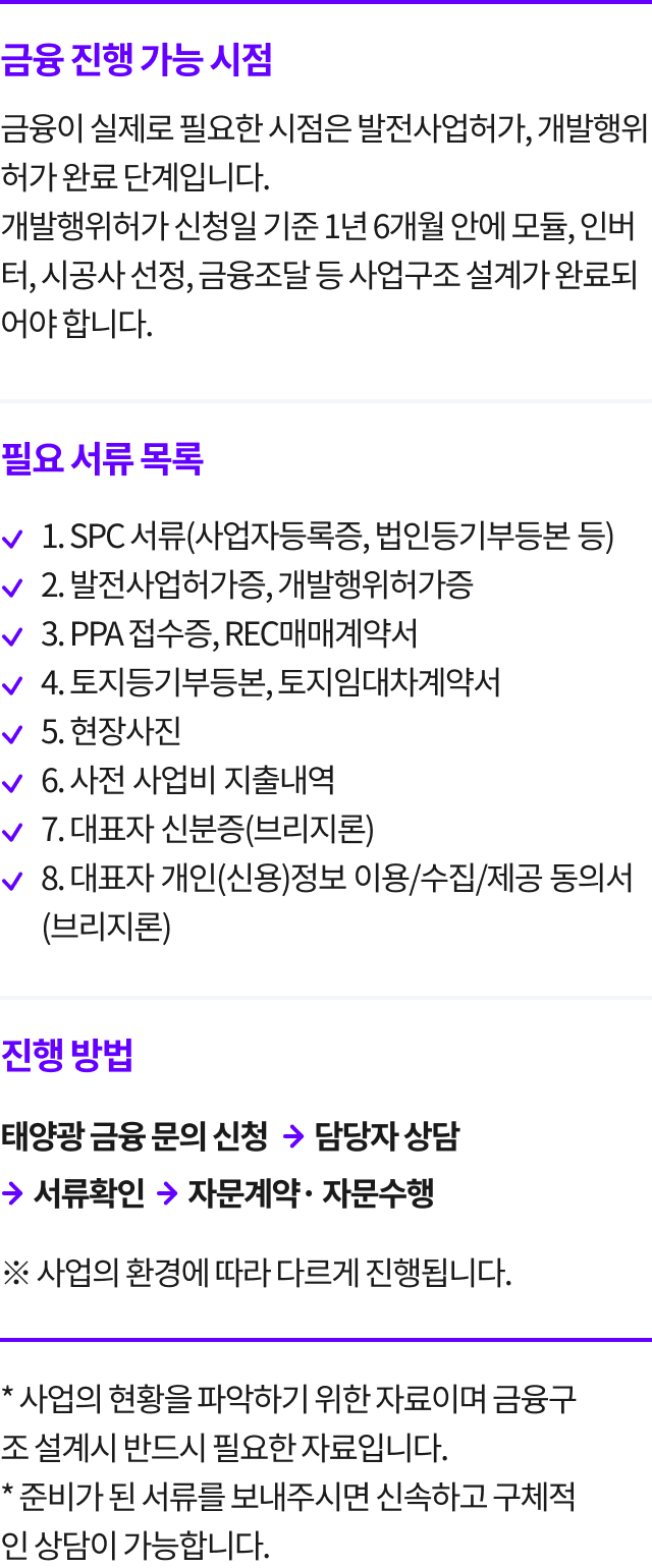 
금융 진행 가능 시점
- 금융이 실제로 필요한 시점은 발전사업허가, 개발행위허가가 완료된 단계입니다.
- 개발행위허가 신청일 기준 1년 6개월 안에 모듈, 인버터, 시공사 선정, 금융조달 등 사업구조 설계가 완료되어야 합니다.

필요 서류 목록
1. SPC 서류 (사업자등록증, 법인등기부등본 등)
2. 발전사업허가증, 개발행위허가증
3. PPA 접수증, REC매매계약서
4. 토지등기부등본, 토지임대차계약서
5. 현장사진
6. 사전 사업비 지출내역
7. 대표자 신분증 (브리지론)
8. 대표자 개인(신용)정보 이용/수집/제공 동의서 (브리지론)

진행 방법
태양광 금융 문의 신청 → 담당자 상담 → 서류확인 → 자문계약·자문수행
※ 사업의 환경에 따라 다르게 진행됩니다.

* 사업의 현황을 파악하기 위한 자료이며 금융구조 설계 시 반드시 필요한 자료입니다.
* 준비가 된 서류를 보내주시면 신속하고 구체적인 상담이 가능합니다.
